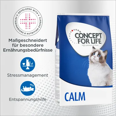 Concept for Life Calm Katzenfutter, maßgeschneidert für besondere Ernährungsbedürfnisse. Stressmanagement und Entspannungshilfe. Entwickelt mit Tierärzten und Ernährungsexperten. Concept for Life Calm Katzenfutter, maßgeschneidert für besondere Ernährungsbedürfnisse. Stressmanagement und Entspannungshilfe. Entwickelt mit Tierärzten und Ernährungsexperten.