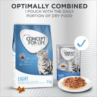 Concept for Life Light храна за котки, 3 кг. За котки с наднормено тегло над 1 година. Специална формула: контрол на теглото, дълготрайна ситост, защита на стави и хрущяли.