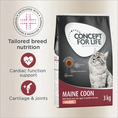 Concept for Life Maine Coon salmon cat food, 3kg. Highlights: tailored breed nutrition, cardiac function support, cartilage and joint protection. Developed with veterinarians and nutrition experts.