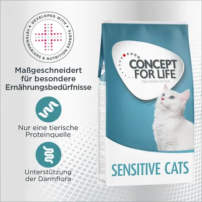 Concept for Life Sensitive Cats. Maßgeschneidert für besondere Ernährungsbedürfnisse, nur eine tierische Proteinquelle, Unterstützung der Darmflora. Entwickelt mit Tierärzten und Ernährungsexperten. Concept for Life Sensitive Cats. Maßgeschneidert für besondere Ernährungsbedürfnisse, nur eine tierische Proteinquelle, Unterstützung der Darmflora. Entwickelt mit Tierärzten und Ernährungsexperten.