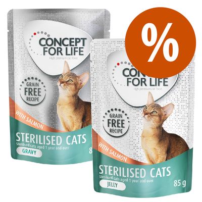 Concept for Life Sterilised Cats mit Lachs, getreidefreie Rezeptur, 85g, Varianten Gravy und Jelly. Angebot mit Prozentzeichen.