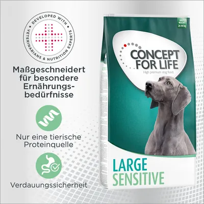 Concept for Life Large Sensitive Hundefutter. Massgeschneidert für besondere Ernährungsbedürfnisse, nur eine tierische Proteinquelle, Verdauungssicherheit. Entwickelt mit Experten. Concept for Life Large Sensitive Hundefutter. Massgeschneidert für besondere Ernährungsbedürfnisse, nur eine tierische Proteinquelle, Verdauungssicherheit. Entwickelt mit Experten.
