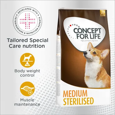 CONCEPT FOR LIFE Medium Sterilised hrana za pse, tekst: Tailored Special Care nutrition, Body weight control, Muscle maintenance, Developed with veterinarians & nutrition experts. CONCEPT FOR LIFE Medium Sterilised hrana za pse, tekst: Tailored Special Care nutrition, Body weight control, Muscle maintenance, Developed with veterinarians & nutrition experts.