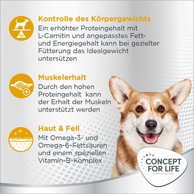 Concept for Life. Vorteile: Kontrolle des Körpergewichts, Muskelerhalt durch hohen Proteingehalt, Haut & Fell mit Omega-3 und -6-Fettsäuren sowie Vitamin-B-Komplex.