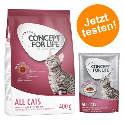Concept for Life All Cats, Trockenfutter 400g und Nassfutter 85g für ausgewachsene Katzen ab dem 1. Lebensjahr. Special Formula: Gewichtskontrolle, Haarballenfunktion, Harnwegsgesundheit. Jetzt testen!