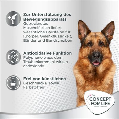 Concept for Life. Unterstützt Bewegungsapparat mit Muschelfleisch, antioxidative Funktion durch Traubenkernmehl, frei von künstlichen Geschmacks- und Farbstoffen.