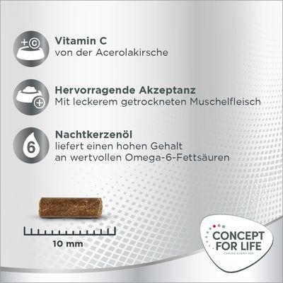 Vitamin C aus Acerolakirsche, hervorragende Akzeptanz mit getrocknetem Muschelfleisch, Nachtkerzenöl mit Omega-6-Fettsäuren. Produktlänge: 10 mm. Concept for Life Logo sichtbar.