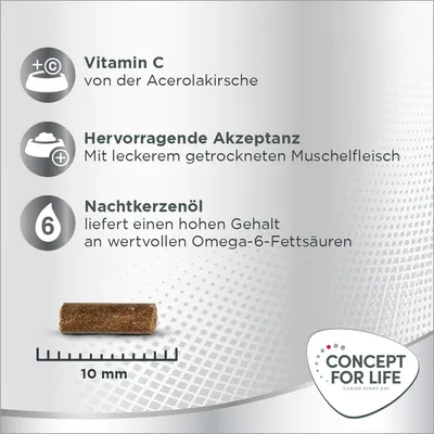 Vitamin C aus Acerolakirsche, hervorragende Akzeptanz mit getrocknetem Muschelfleisch, Nachtkerzenöl mit Omega-6-Fettsäuren. Produktlänge: 10 mm. Concept for Life Logo sichtbar.