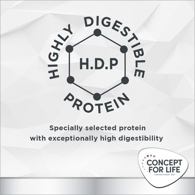 Tekst: HIGHLY DIGESTIBLE PROTEIN H.D.P. Specially selected protein with exceptionally high digestibility. CONCEPT FOR LIFE CARING EVERY DAY.