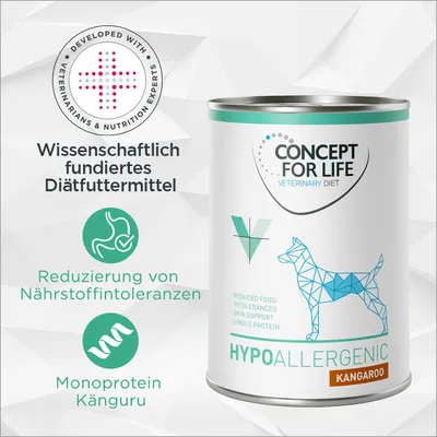 Concept for Life Veterinary Diet Hypoallergenic Kangaroo, texte en allemand : réduction des intolérances alimentaires, monoprotéine kangourou, aliment diététique scientifique.