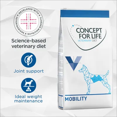 CONCEPT FOR LIFE VETERINARY DIET MOBILITY hrana za pse. Tekst: Science-based veterinary diet, Joint support, Ideal weight maintenance, Developed with veterinarians & nutrition experts.