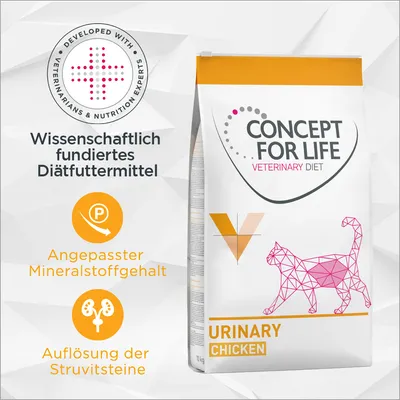 CONCEPT FOR LIFE VETERINARY DIET URINARY CHICKEN, texte en allemand : Wissenschaftlich fundiertes Diätfuttermittel, Angepasster Mineralstoffgehalt, Auflösung der Struvitsteine