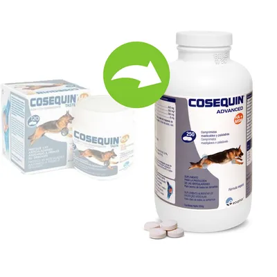 Frascos de Cosequin Taste e Cosequin Advanced para cães, com comprimidos visíveis. Rótulos mostram nomes dos produtos, quantidade (120 e 250 comprimidos) e imagem de cão a correr.