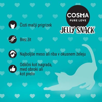 COSMA PURE LOVE JELLY SNACK. Čisti mačji prigrizek, brez žit, najboljše meso ali riba v okusnem želeju, odlični kot nagrada, med obroki ali kot preliv.