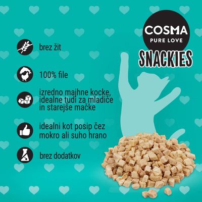 COSMA PURE LOVE SNACKIES. Brez žit, 100% file, izredno majhne kocke, idealne tudi za mladiče in starejše mačke, idealni kot posip čez mokro ali suho hrano, brez dodatkov.