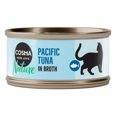 Cosma Pure Love Nature Pacific Tuna in Broth, lattina con silhouette di gatto e scritta in inglese sul fronte dell'etichetta.