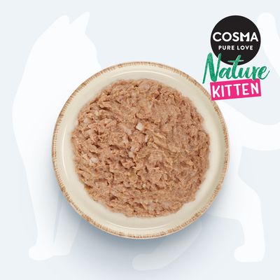 Cosma Pure Love Nature Kitten. Schale mit zerkleinertem Nassfutter für Kätzchen, natürliche Zutaten.