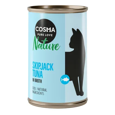 Cosma Nature Skipjack Tuna in Broth, 100% természetes összetevők. Macska sziluett világoskék dobozon.