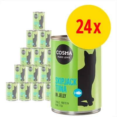 24x Cosma Pure Love Skipjack Tuna in Jelly, Single Protein Pure Fish. Grønne dåser med sort kattefigur og blå tekst.