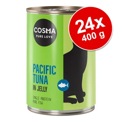 Lata Cosma Pure Love Pacific Tuna in Jelly, Single Protein Pure Fish. Texto em destaque: 24x 400 g.