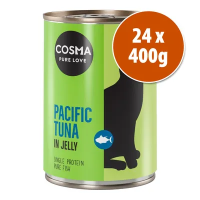 Lata de Cosma Pure Love Pacific Tuna in Jelly, single protein pure fish. Paquete de 24 x 400 g indicado en círculo naranja.