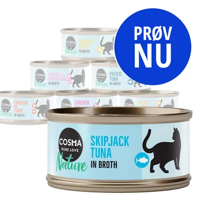 Cosma Pure Love Nature dåsemad: Skipjack Tuna, Chicken Fillet, Pacific Tuna, Chicken and Tuna, Chicken with Chicken Ham. Blå cirkel med teksten PRØV NU.