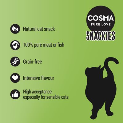 COSMA PURE LOVE SNACKIES. Natural cat snack, 100% pure meat or fish, grain-free, intensive flavour, high acceptance especially for sensible cats.