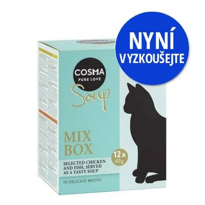 COSMA PURE LOVE Soup MIX BOX 12×40g, vyobrazení krabice s černou siluetou kočky a modrým kruhem s textem NYNÍ VYZKOUŠEJTE. COSMA PURE LOVE Soup MIX BOX 12×40g, vyobrazení krabice s černou siluetou kočky a modrým kruhem s textem NYNÍ VYZKOUŠEJTE.