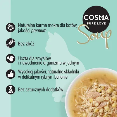 COSMA PURE LOVE Soup. Naturalna karma mokra dla kotów, jakości premium. Bez zbóż, bez sztucznych dodatków, naturalne składniki w rybnym bulionie. Uczta dla zmysłów i nawodnienie.
