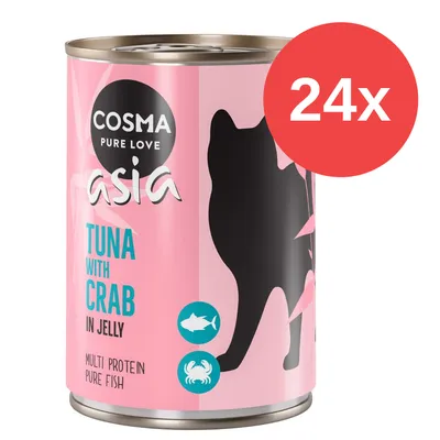 Cosma Pure Love Asia, TUNA WITH CRAB IN JELLY, MULTI PROTEIN PURE FISH. Lata rosa con silueta de gato negro y símbolos de atún y cangrejo. Pack de 24 unidades.