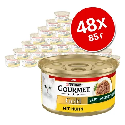48 банок по 85 г Purina Gourmet Gold mit Huhn, изображение упаковки с белой кошкой и кусочками курицы, надписи на немецком языке.