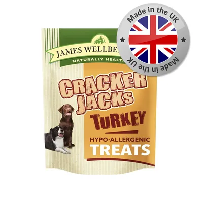 Cracker Jacks turkey hypo-allergenic treats, made in the UK. Packaging shows product name and key features. Cracker Jacks turkey hypo-allergenic treats, made in the UK. Packaging shows product name and key features.