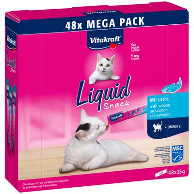 Vitakraft Liquid Snack 48x Mega Pack med laks, uden tilsat sukker, lavt kalorieindhold, Omega 3, MSC-certificeret, ingen farve- eller konserveringsmidler, 48x15 g.