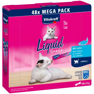 Vitakraft Liquid Snack 48x Mega Pack med laks, uden tilsat sukker, lavt kalorieindhold, Omega 3, MSC-certificeret, ingen farve- eller konserveringsmidler, 48x15 g. Vitakraft Liquid Snack 48x Mega Pack med laks, uden tilsat sukker, lavt kalorieindhold, Omega 3, MSC-certificeret, ingen farve- eller konserveringsmidler, 48x15 g.