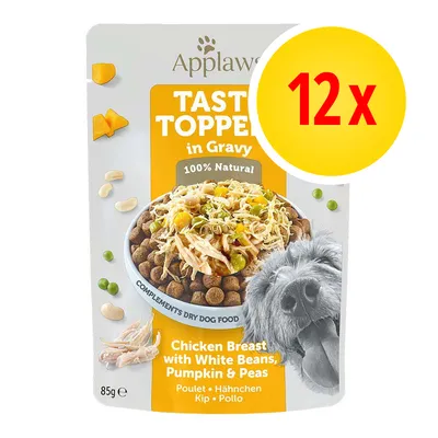 Applaws Taste Toppers in Gravy, 100% Natural, petto di pollo con fagioli bianchi, zucca e piselli, confezione da 12 x 85 g. Testo in inglese visibile sulla confezione. Applaws Taste Toppers in Gravy, 100% Natural, petto di pollo con fagioli bianchi, zucca e piselli, confezione da 12 x 85 g. Testo in inglese visibile sulla confezione.
