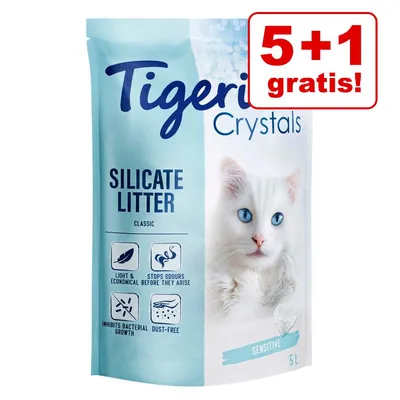 Tigerino Crystals Silicate Litter Classic Sensitive 5 l, 5+1 gratis. Text: light & economical, stops odours before they arise, inhibits bacterial growth, dust-free.