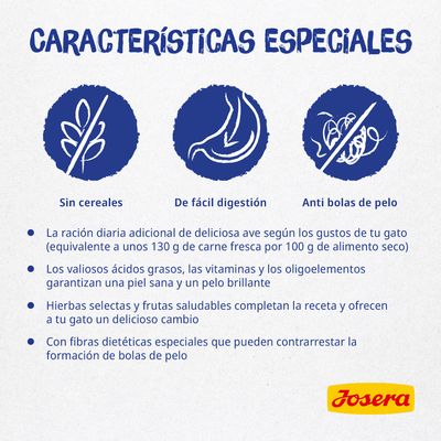 Características especiales: sin cereales, de fácil digestión, anti bolas de pelo. Josera. Incluye información sobre ingredientes, beneficios para piel y pelo, fibras dietéticas y ración diaria.