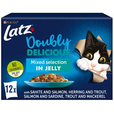 Purina Latz Doubly Delicious Mixed selection in jelly, 12 annospakkausta. Ei väriaineita. Makuina sahite ja lohi, silli ja taimen, lohi ja sardelli, taimen ja makrilli.