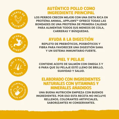 Ingredientes principales: pollo como fuente de proteínas, favorece la digestión con prebióticos y postbióticos, contiene aceite de salmón para la piel y el pelaje, ingredientes naturales con vitaminas y minerales añadidos.