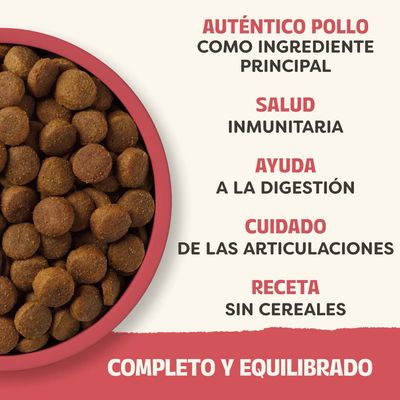 Pollo auténtico como ingrediente principal, salud inmunitaria, ayuda a la digestión, cuidado de las articulaciones, receta sin cereales, completo y equilibrado.