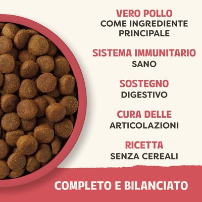 Vero pollo come ingrediente principale, sistema immunitario sano, supporto alla digestione, cura delle articolazioni, ricetta senza cereali, completa e bilanciata.