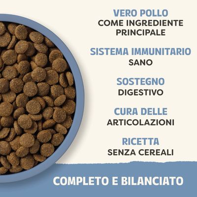 Vero pollo come ingrediente principale, sistema immunitario sano, supporto alla digestione, cura delle articolazioni, ricetta senza cereali, completo e bilanciato.