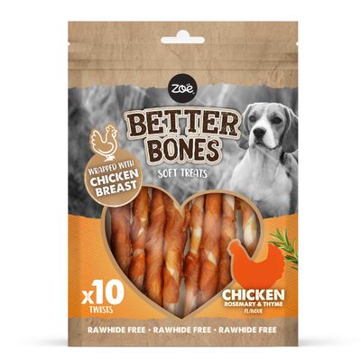 Zoë Better Bones Soft Treats, 10 stk., omviklet med kyllingebryst, smag af kylling, rosmarin & timian, uden råhud.
