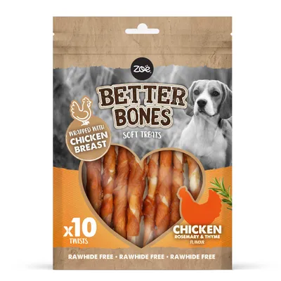 Zoë Better Bones Soft Treats, 10 stk., omviklet med kyllingebryst, smag af kylling, rosmarin & timian, uden råhud. Zoë Better Bones Soft Treats, 10 stk., omviklet med kyllingebryst, smag af kylling, rosmarin & timian, uden råhud.