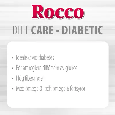 Rocco DIET CARE DIABETIC. Idealisk vid diabetes, för att reglera tillförseln av glukos, hög fiberandel, med omega-3- och omega-6-fettsyror.