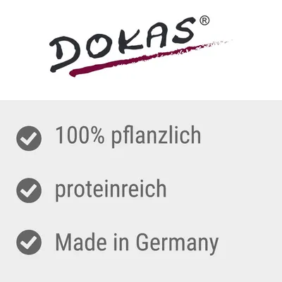 DOKAS. 100% pflanzlich, proteinreich, Made in Germany. Текстът е на немски език.