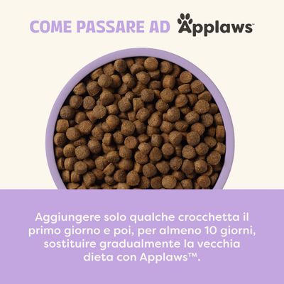 Istruzioni per il cambio di alimentazione ad Applaws: iniziare mescolando poche crocchette, poi sostituire gradualmente il cibo abituale con Applaws per almeno 10 giorni.