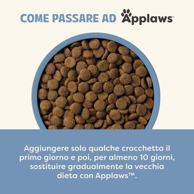 Istruzioni per il cambio di alimentazione ad Applaws: aggiungere alcune crocchette il primo giorno, poi sostituire gradualmente il vecchio alimento con Applaws per almeno 10 giorni.