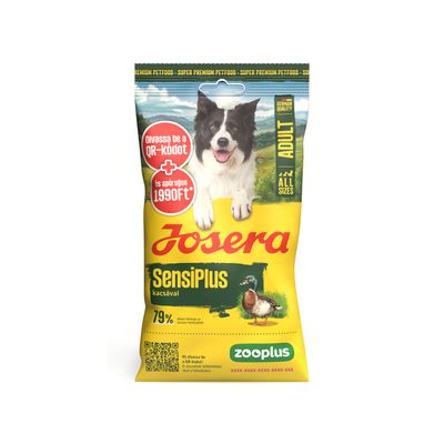 Josera SensiPlus kacsával, 79% állati fehérje, felnőtt, minden méretű kutyának, német minőség, QR-kód és zooplus logó sárga csomagoláson.