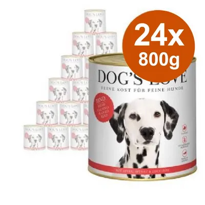 Confezione da 24 lattine da 800 g di DOG'S LOVE, alimento per cani. Testo visibile: 'FEINE KOST FÜR FEINE HUNDE'. Immagine di cane sulla confezione.